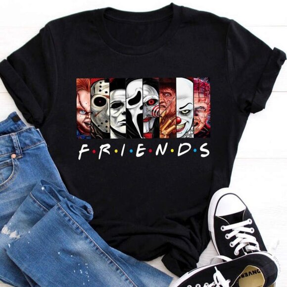 Mary Beth S Tops - Friends Halloween T-Shirt Funny Horror Movie Characters Crossover Tee103